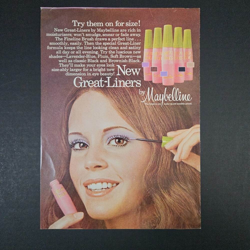 1974 Maybelline Great-Liners Eye‎ Makeup Cosmetics Vintage Print Ad Smiling Lady